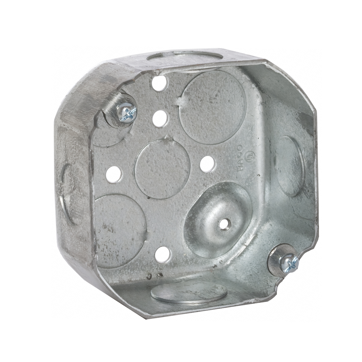 127 Octagonal Junction Box, 4 In Oaw, 1.5 In Deep, 8 Knockouts, Steel