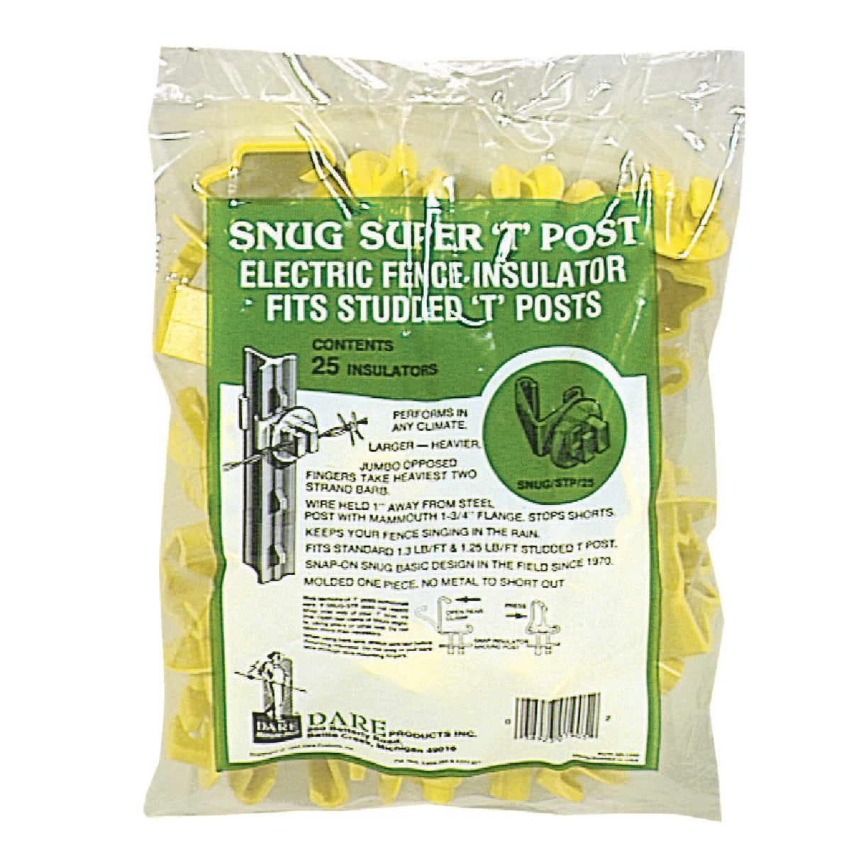 Electric Fence Insulator, T-Post, Snug-Fit, Yellow, 25-Pk.