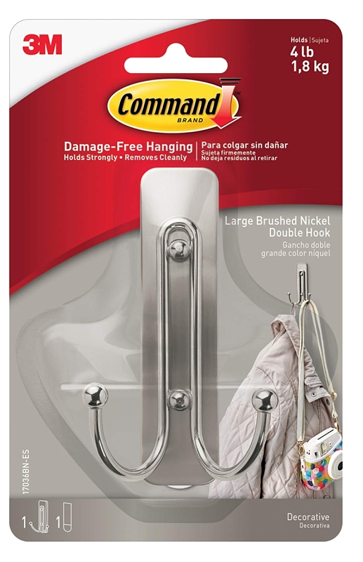Metal Double Hook With Strips, Brushed Nickel, Large