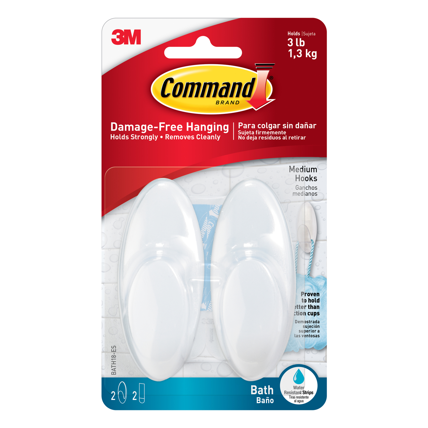 Bath Hooks, Medium, 2 Hooks, 2 Water-Resistant Strips/Pack
