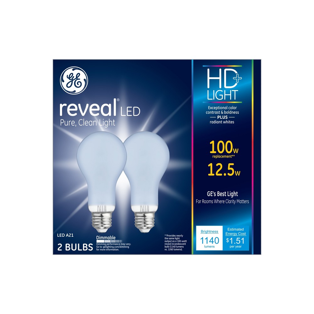 HD+ Reveal LED Light Bulb, A19 Mid Base, 1140 Lumens, 11 Watt, 2-Pk.