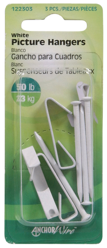 Deluxe Picture Hanger, White, 50-Lb. Load, 3Pk.