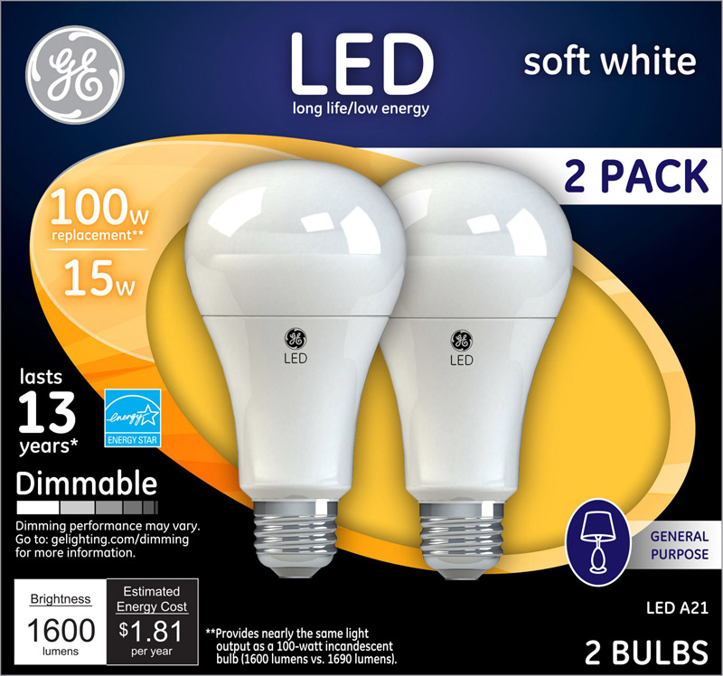 LED Light Bulbs, Soft White, Dimmable, 1600 Lumens, 15 Watt, 2-Pk.