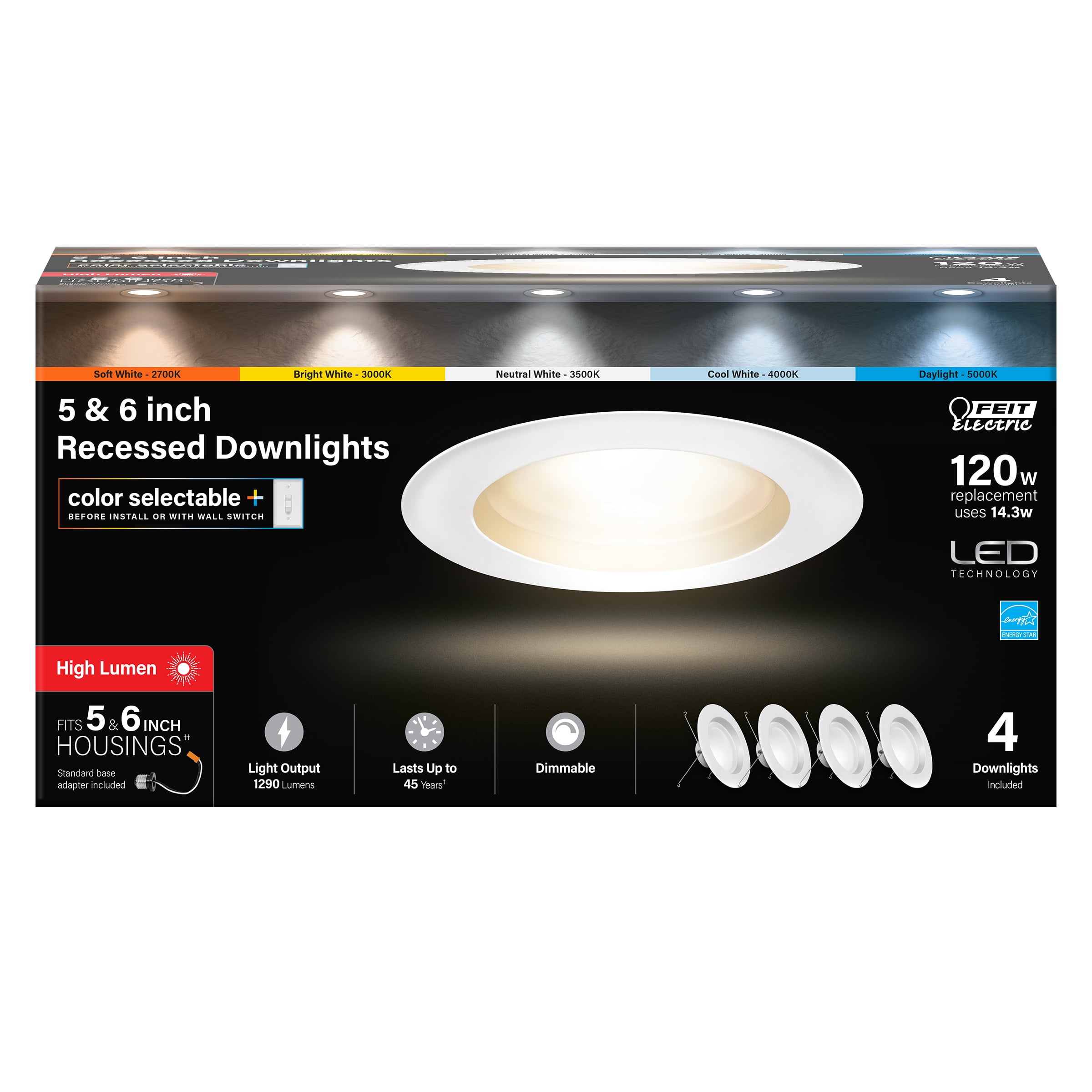 LED Recessed Downlight, Color Selectable, 14.3 Watt, 5 – 6 In., 4-Pk.
