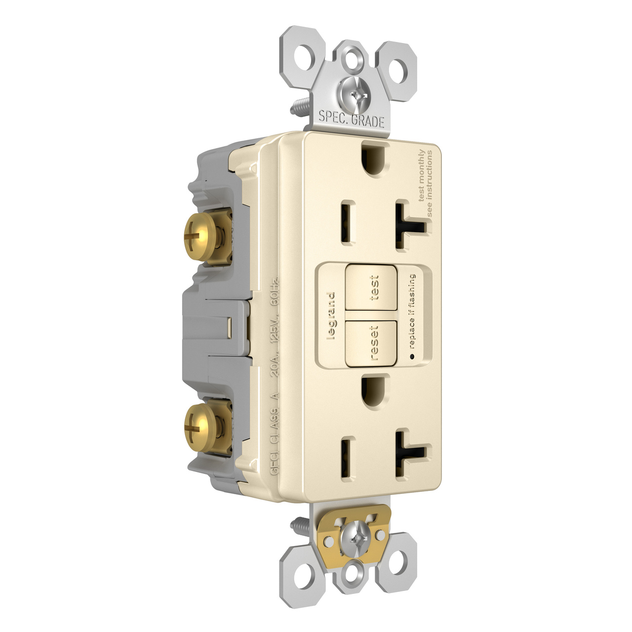 Pass & Seymour Gfci Receptacle, Duplex, 20a, Light Almond, Self Testing