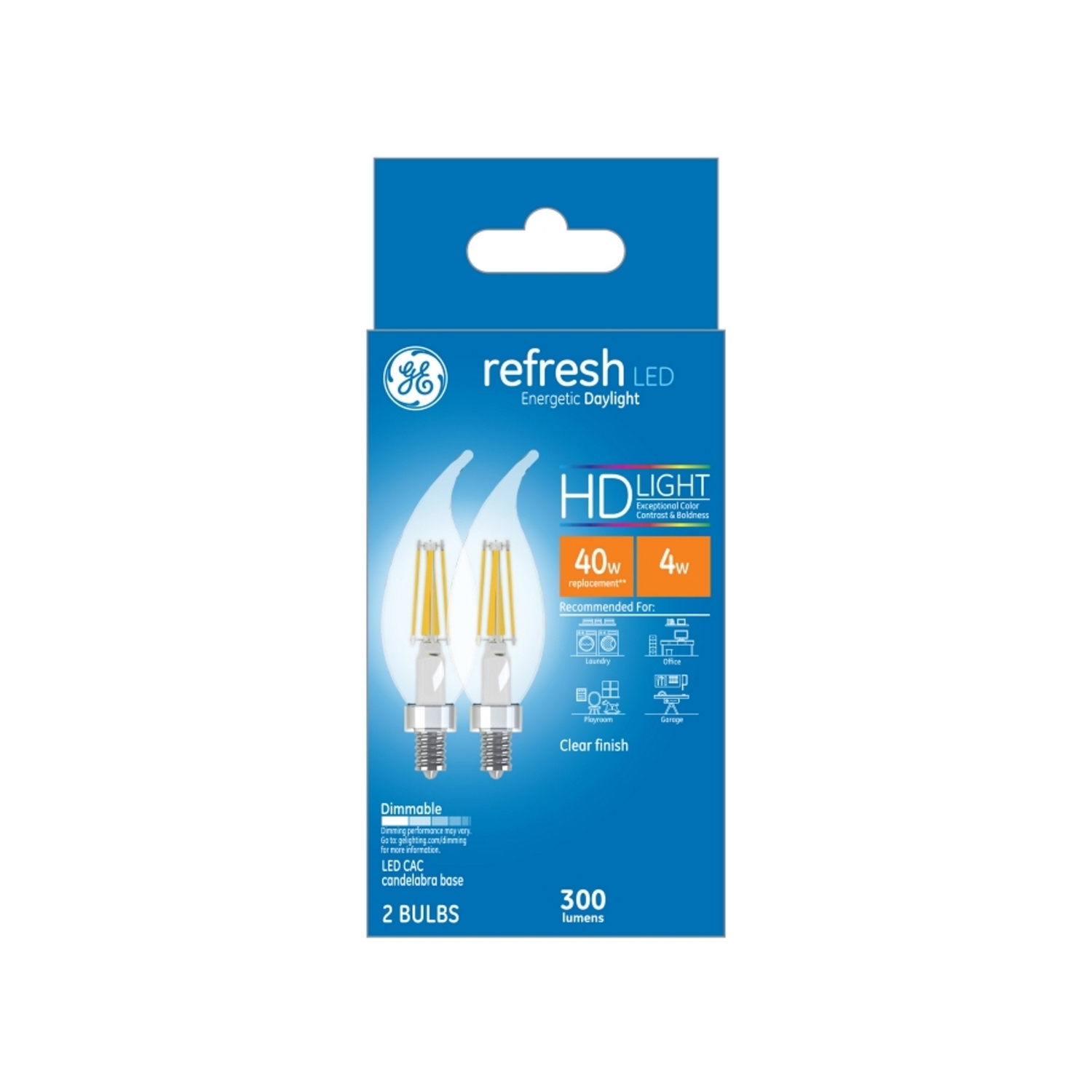 Refresh HD Decorative LED Light Bulbs, Candelabra Base, Daylight, Clear, 300 Lumens, 4 Watt, 2-Pk.