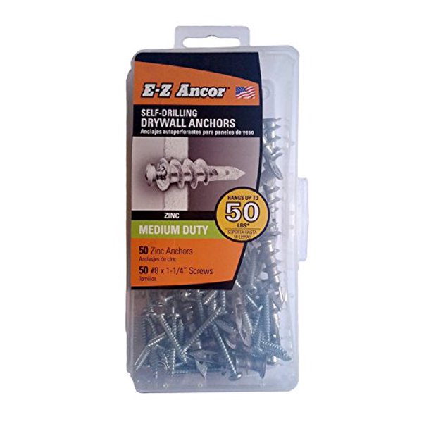 Tuff Stuff EKZ050 Zinc E-Z Ancor Kit, 50 Pack Anchors #50 Self Drilling, Screws 8 x 1-1/4′ Phillips